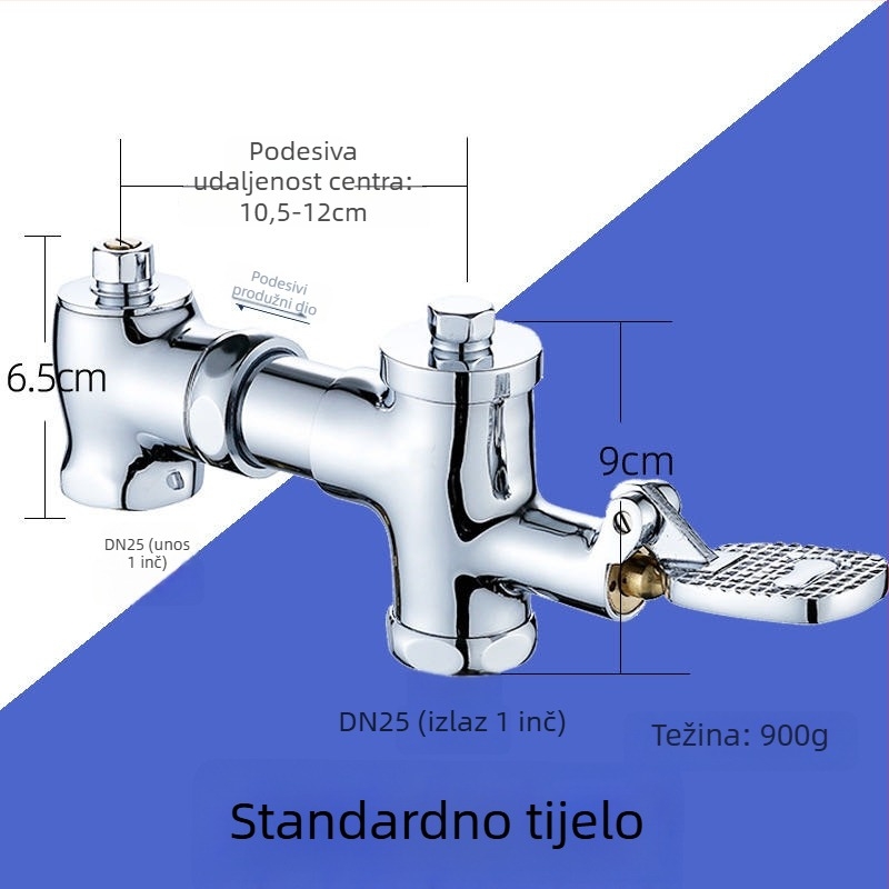 Bakrena horizontalna pedalo-aktivirana slavina za ispiranje za klozet za čučanje, model SY-8050; cijelo bakreno tijelo; tlak 1,2 MPa; vrijeme ispiranja 3–4 s; izlaz 1 inč