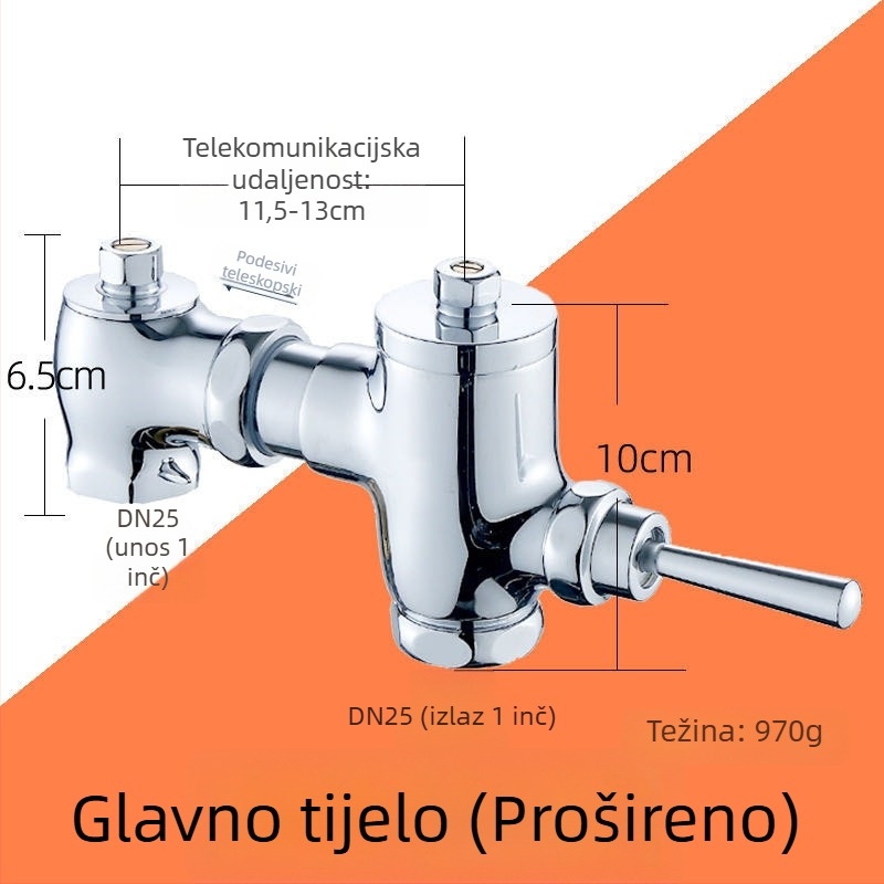 Bakrena horizontalna pedalo-aktivirana slavina za ispiranje za klozet za čučanje, model SY-8050; cijelo bakreno tijelo; tlak 1,2 MPa; vrijeme ispiranja 3–4 s; izlaz 1 inč