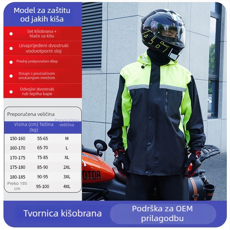 Set kišnog ponča za motocikl s hlačama – podijeljeni stil, reflektirajuće, tkanina Chunya Spinning 0.23 mm, PVC ljepilo, za odraslu osobu