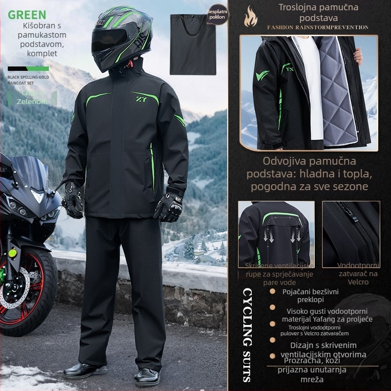 Podijeljeno kišno pončo s hlačama za motocikliste/e-bike vozače (zimska izolacija, debela tkanina, PVC vodootporan sloj, moguć tisak logotipa)