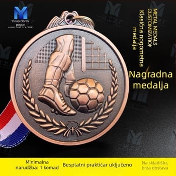 Nogometna medalja od cinkovog legura s prilagođenim dizajnom, otisnuti logotip, neto težina 60 g, zlatno premazana kartica