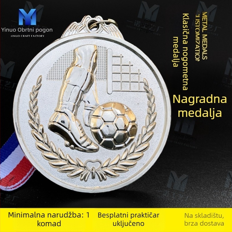 Nogometna medalja od cinkovog legura s prilagođenim dizajnom, otisnuti logotip, neto težina 60 g, zlatno premazana kartica