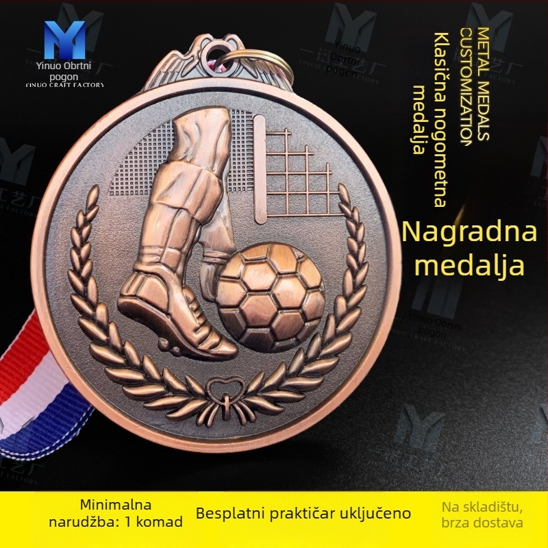 Nogometna medalja od cinkovog legura s prilagođenim dizajnom, otisnuti logotip, neto težina 60 g, zlatno premazana kartica
