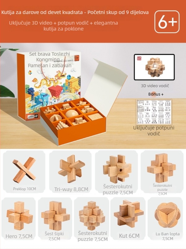 Kongming Lock (Luban Lock) Potpuni set – drveni slagalica-puzzle za djecu 7–14 godina, edukativna igračka