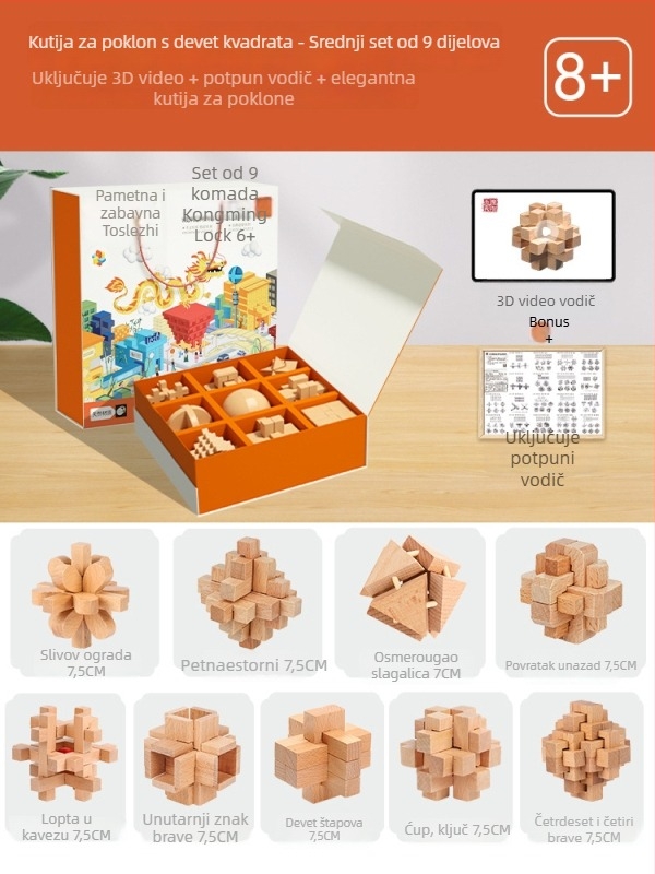 Kongming Lock (Luban Lock) Potpuni set – drveni slagalica-puzzle za djecu 7–14 godina, edukativna igračka