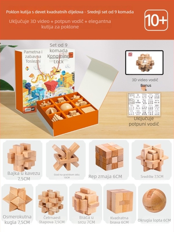 Kongming Lock (Luban Lock) Potpuni set – drveni slagalica-puzzle za djecu 7–14 godina, edukativna igračka
