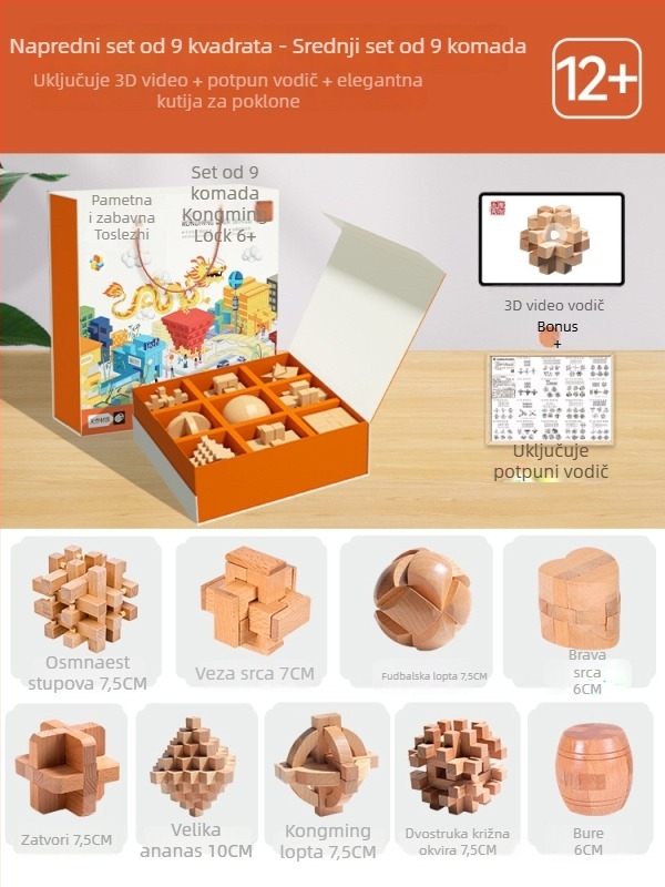 Kongming Lock (Luban Lock) Potpuni set – drveni slagalica-puzzle za djecu 7–14 godina, edukativna igračka