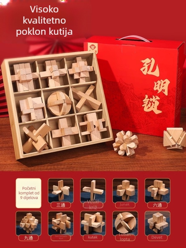Kongming Lock (Luban Lock) Potpuni set – drveni slagalica-puzzle za djecu 7–14 godina, edukativna igračka