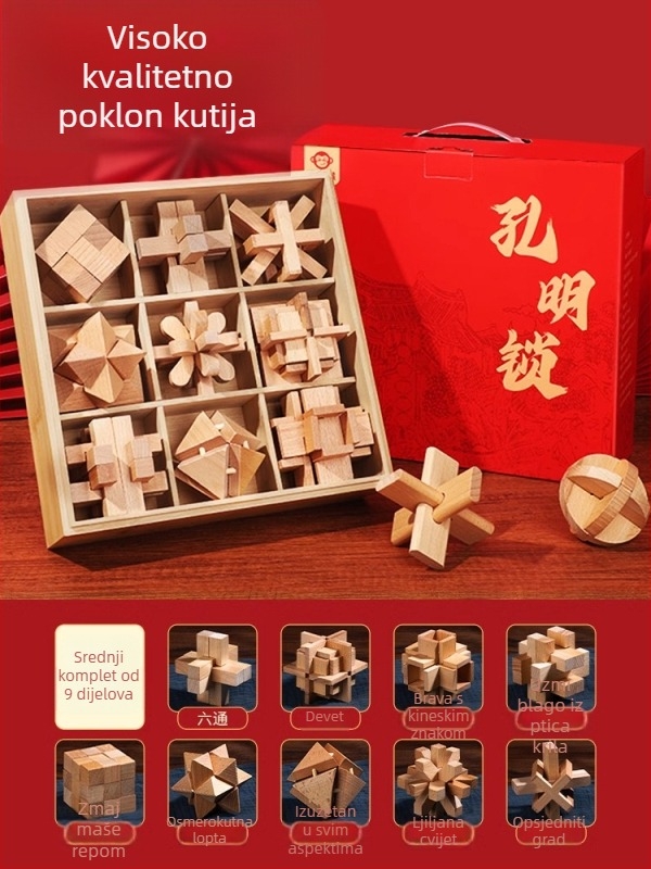 Kongming Lock (Luban Lock) Potpuni set – drveni slagalica-puzzle za djecu 7–14 godina, edukativna igračka