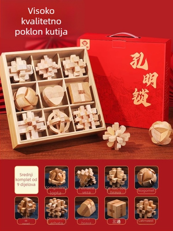 Kongming Lock (Luban Lock) Potpuni set – drveni slagalica-puzzle za djecu 7–14 godina, edukativna igračka
