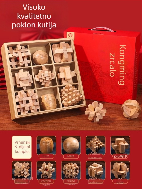 Kongming Lock (Luban Lock) Potpuni set – drveni slagalica-puzzle za djecu 7–14 godina, edukativna igračka