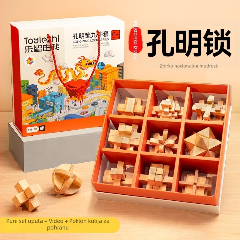 Kongming Lock (Luban Lock) Potpuni set – drveni slagalica-puzzle za djecu 7–14 godina, edukativna igračka
