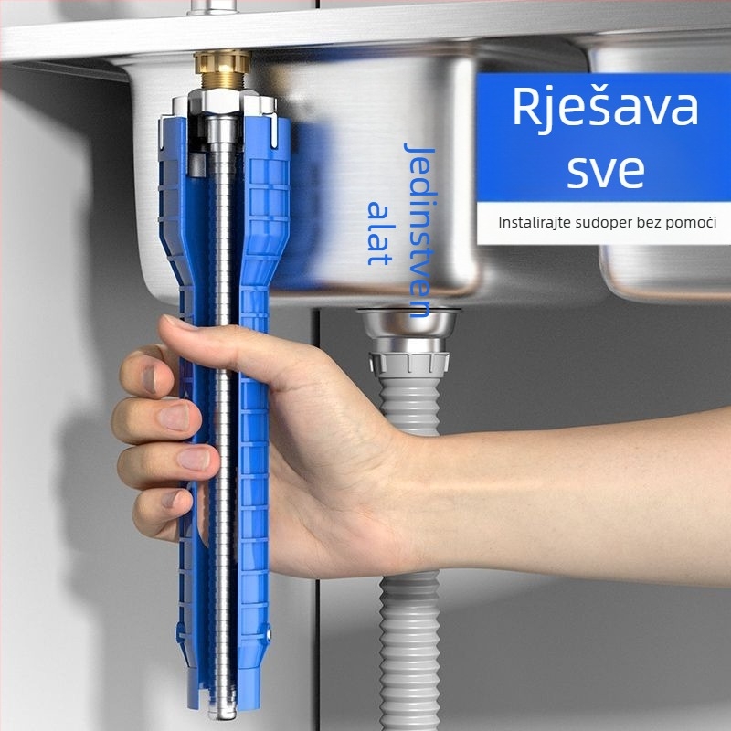 Chint ključ za umivaonik — multifunkcionalni alat osam u jedan za instalaciju i demontažu slavina i vodovodnih cijevi; tijelo od inženjerskih plastika; stil: moderni minimalizam.
