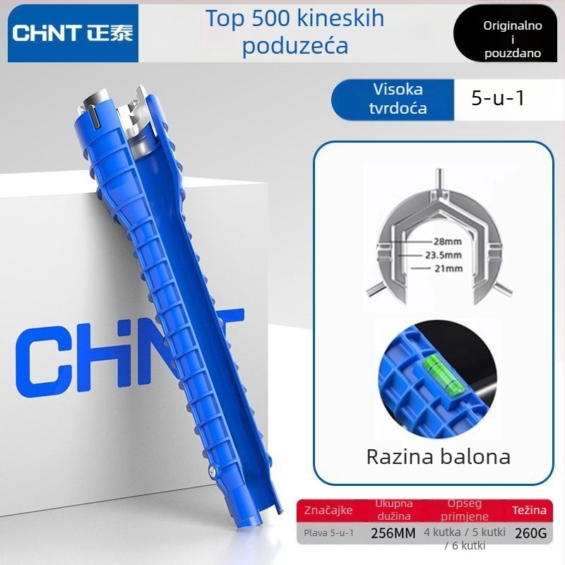 Chint ključ za umivaonik — multifunkcionalni alat osam u jedan za instalaciju i demontažu slavina i vodovodnih cijevi; tijelo od inženjerskih plastika; stil: moderni minimalizam.