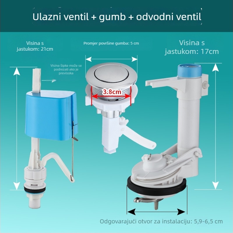 Set ventila za spremnik WC-a starinskog stila: integrirani plovak ventil s jednim gumbom, odvodni ventil te ulazni i izlazni ventili