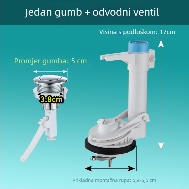 Set ventila za spremnik WC-a starinskog stila: integrirani plovak ventil s jednim gumbom, odvodni ventil te ulazni i izlazni ventili