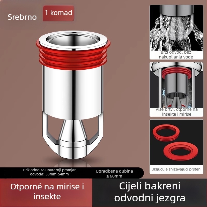 Dezodor za podni odvod – unutarnje jezgro, poklop odvodnog kanala u kupaonici, univerzalno produženje; Materijal: lokalni bakar; Marka: Riverside; Stil: moderni minimalistički