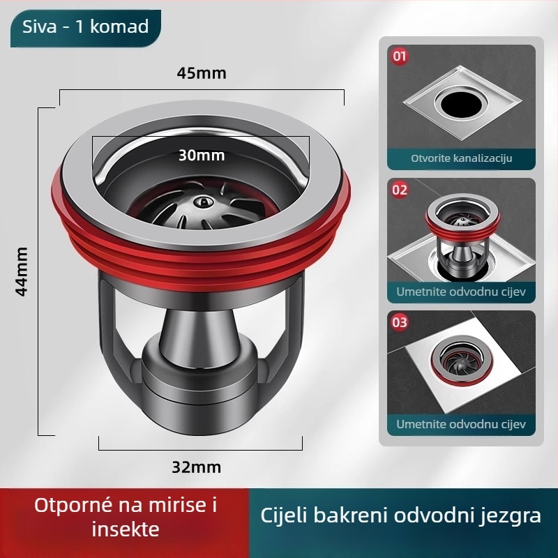 Dezodor za podni odvod – unutarnje jezgro, poklop odvodnog kanala u kupaonici, univerzalno produženje; Materijal: lokalni bakar; Marka: Riverside; Stil: moderni minimalistički