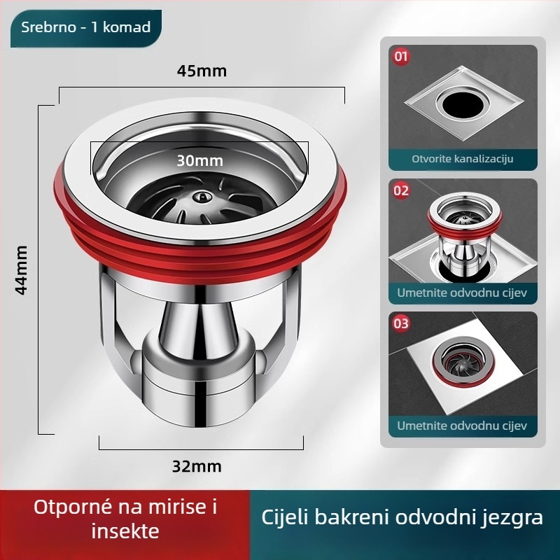 Dezodor za podni odvod – unutarnje jezgro, poklop odvodnog kanala u kupaonici, univerzalno produženje; Materijal: lokalni bakar; Marka: Riverside; Stil: moderni minimalistički