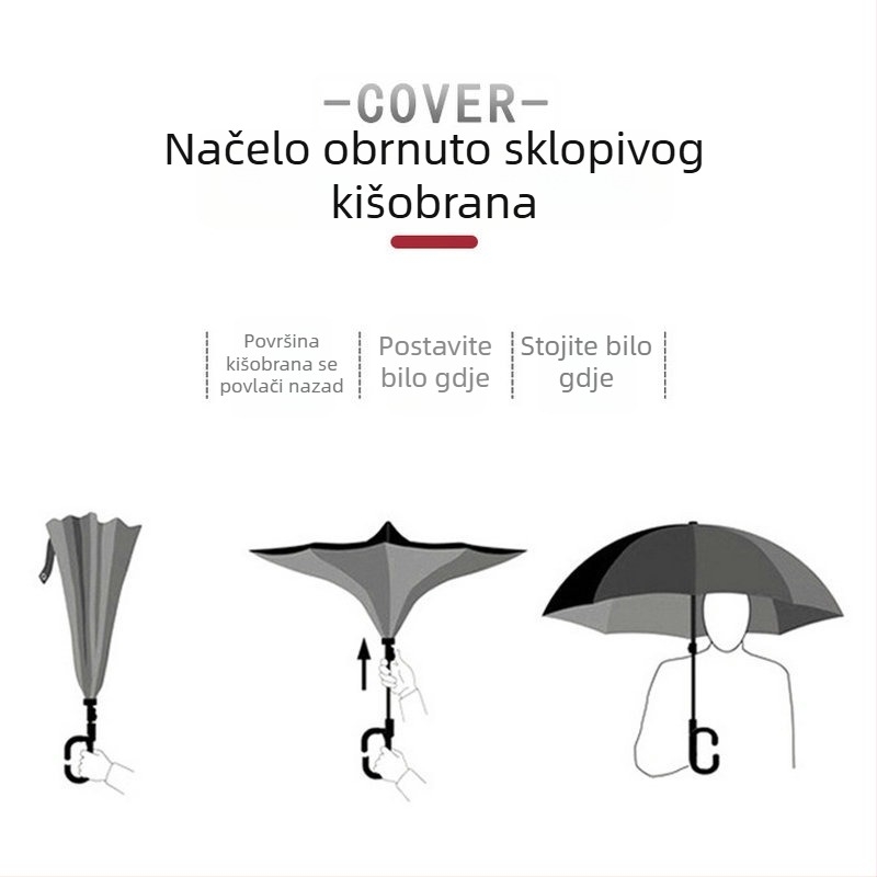 Reklamni obrnuti kišobran, dvostruki sloj, 8 rebara, poliester 190T, ručno otvaranje, tisak loga