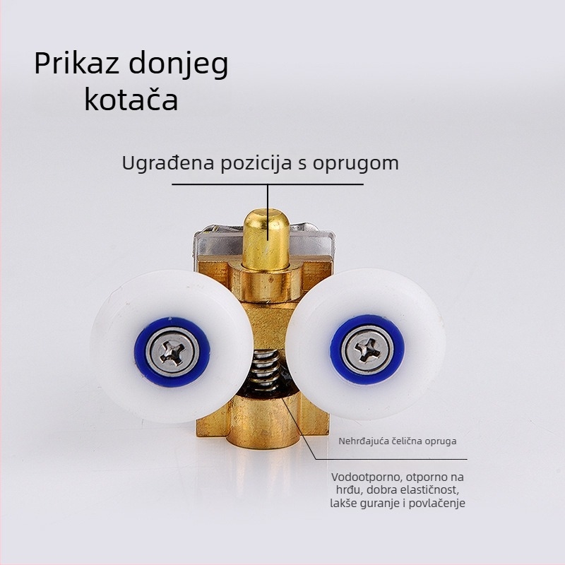 Bakreni kotači za staklena vrata tuš kabine, gornji i donji kotač, kružni luk dizajn, dvostruki valjak