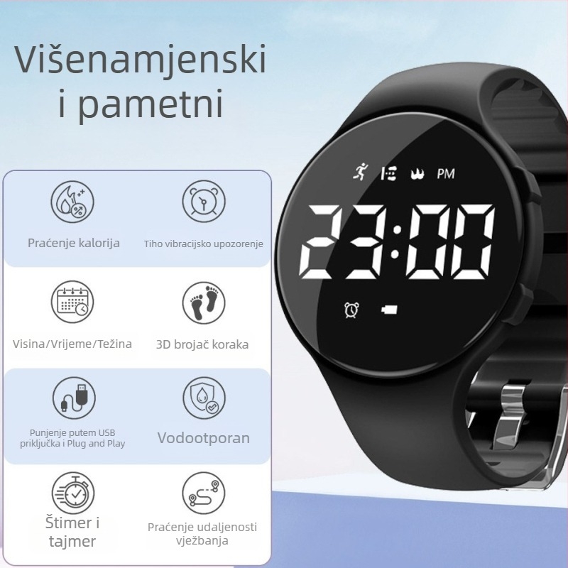 Sportski pedometarski sat za učenike, digitalni zaslon, vodootpornost 50 m, elektronički mehanizam, silikonska narukvica, plastično kućište