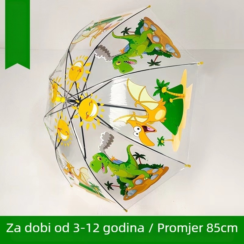 Dječji prozirni kišobran s morskim dinosaurom i crtanim dizajnom - automatsko otvaranje, duga drška, okvir od željeza s 8 rebara, platno od plastike 170T