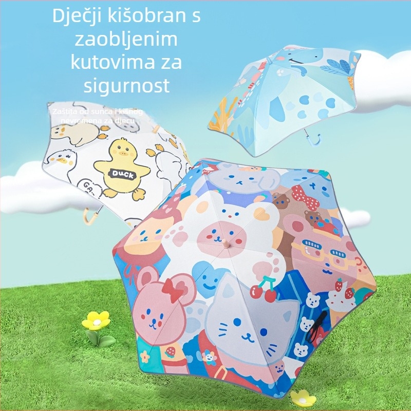 Dječji kišobran - Crtani dizajn, Sigurne zaobljene ivice, Duga drška, 12 rebara s aluminijskim štapom, Ručno otvaranje