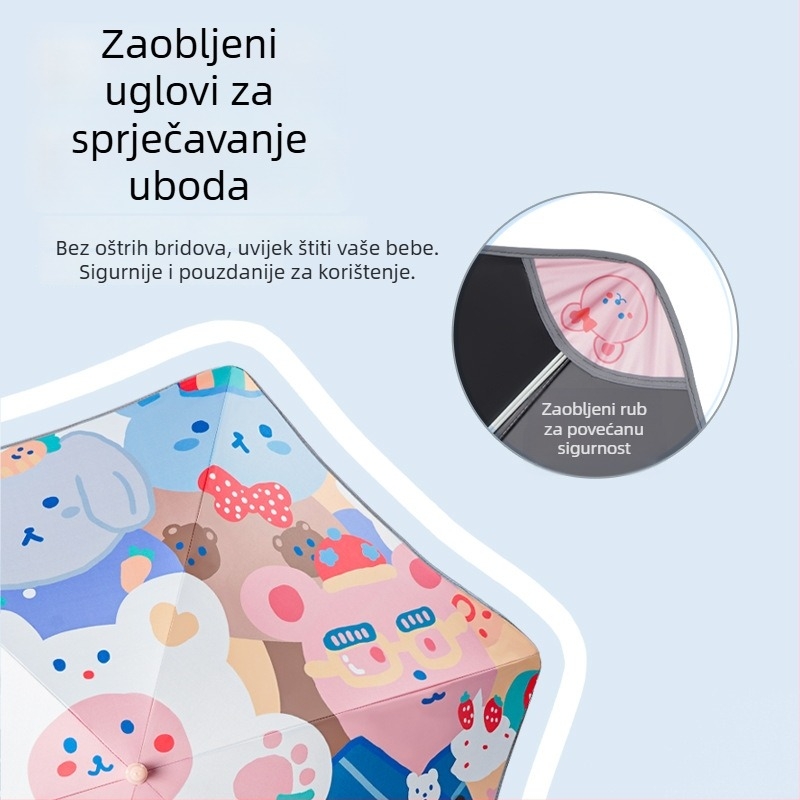 Dječji kišobran - Crtani dizajn, Sigurne zaobljene ivice, Duga drška, 12 rebara s aluminijskim štapom, Ručno otvaranje