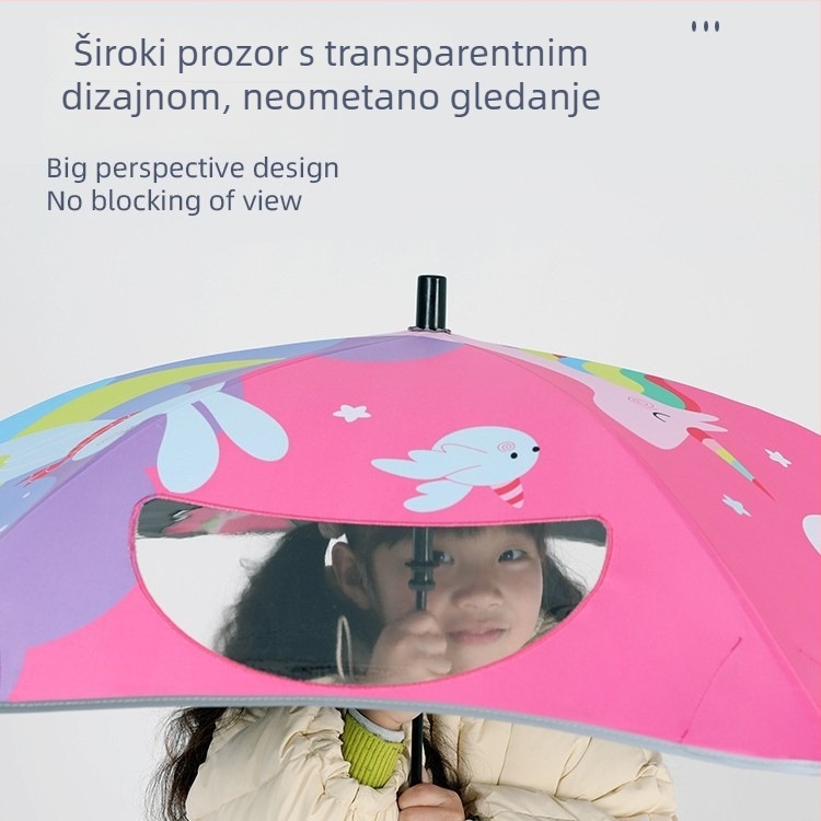 Dječji kišobran za sunce i kišu s 6 rebara od vlaknastog stakla, duga drška, ručno otvaranje i zatvaranje, platno 190T vinyl, tiskani logotip