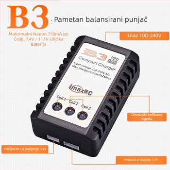 B3 balansni punjač za baterije Li-ion/LiPo 2S/3S za modele zrakoplova i RC automobila, ulaz 100–240V, izlaz 3×750 mA, serija B3