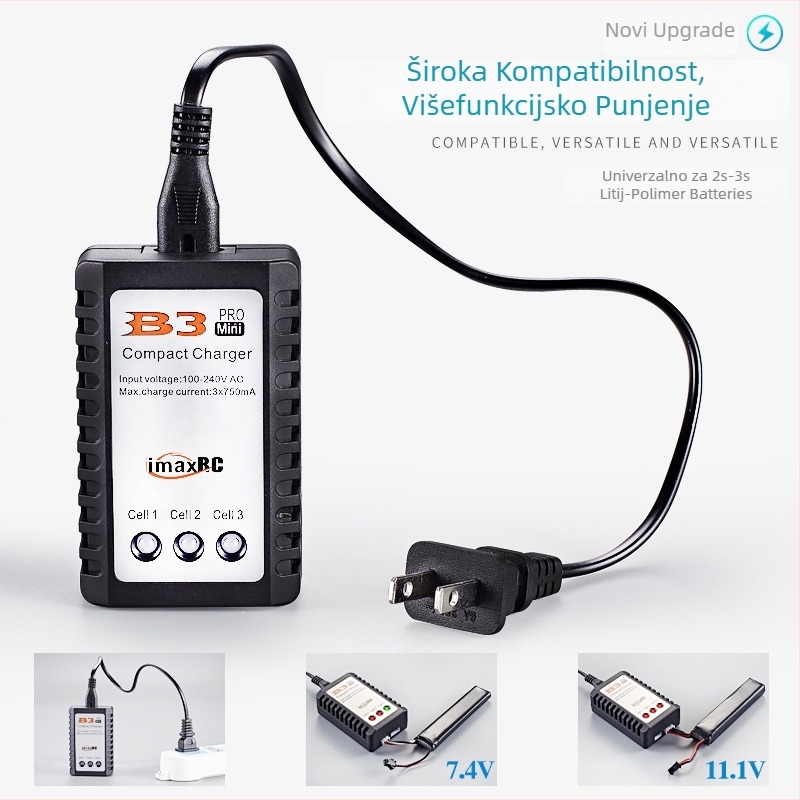 B3 balansni punjač za baterije Li-ion/LiPo 2S/3S za modele zrakoplova i RC automobila, ulaz 100–240V, izlaz 3×750 mA, serija B3