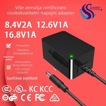 Punjač za litijsku bateriju s izlazima 4.2V/8.4V/12.6V/16.8V, ulaz 100–240V, struja punjenja 1A/2A, CCC/UL/CE certificirano