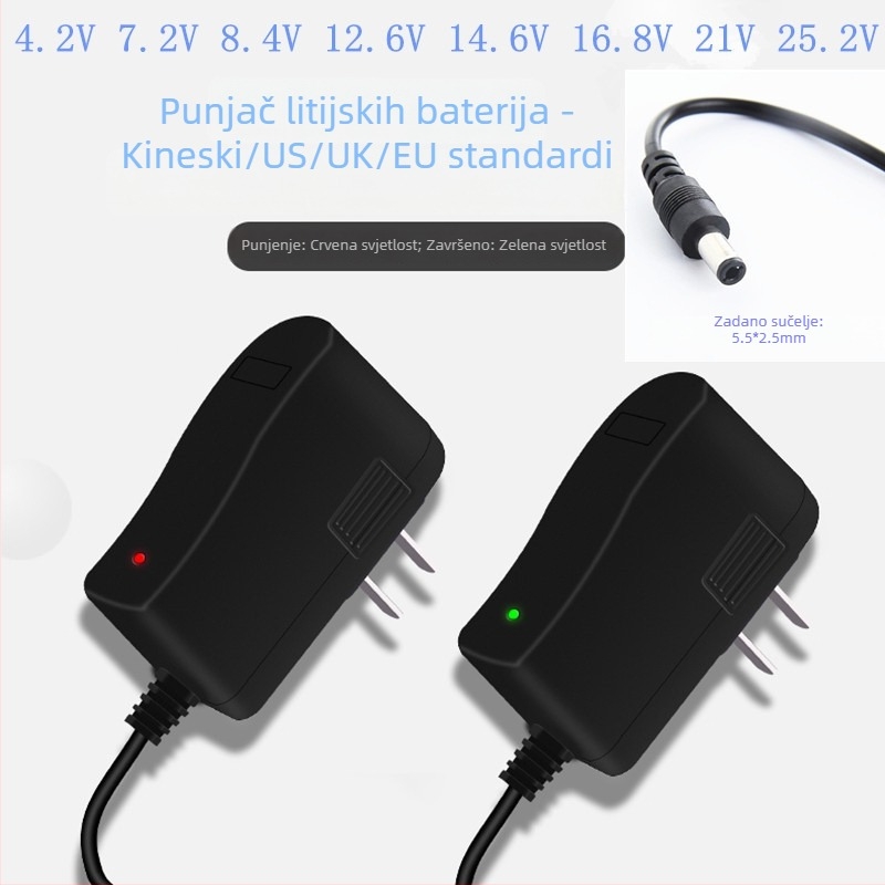Punjač litijevih baterija za 18650 ćelije, raspon napona 4.2–25.2V, ulaz 100–240V AC, izlaz 1A