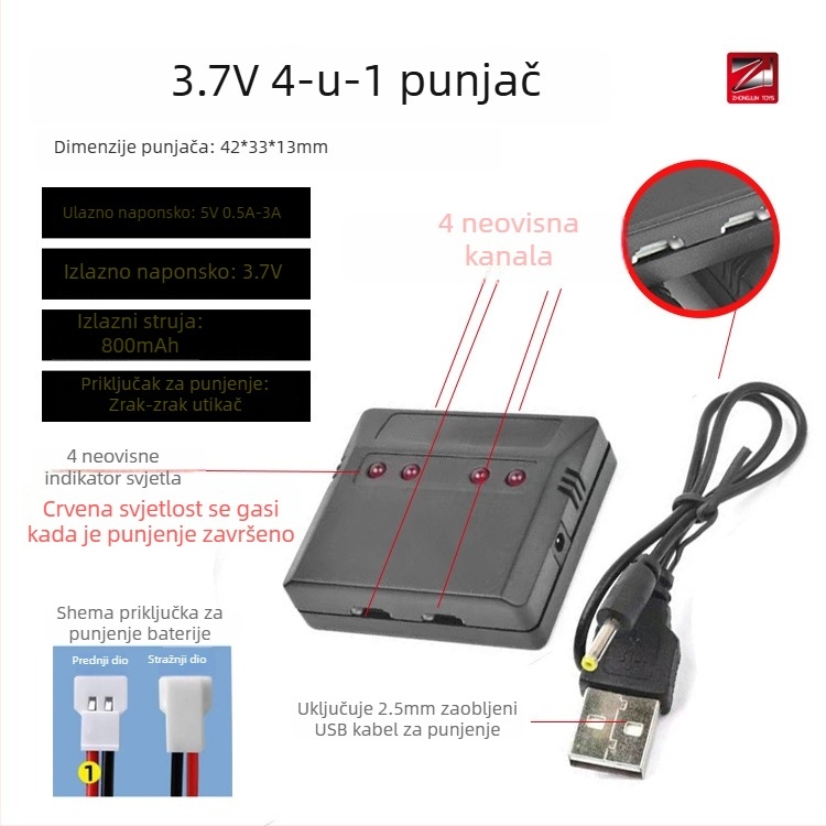 Punjač baterije drona 3.7V, 4-portni s zaštitom, ulaz 5V 0.5-3A, izlaz 3.7V 800mAh