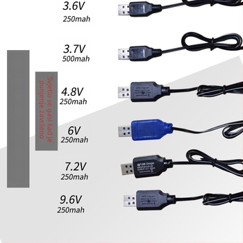 Kabel za punjenje baterije za igrače na daljinski upravljač, USB SM konektor, ulaz 5V, izlazi 3.6V, 4.8V, 6V, 7.2V, 9.6V, CE certificirano