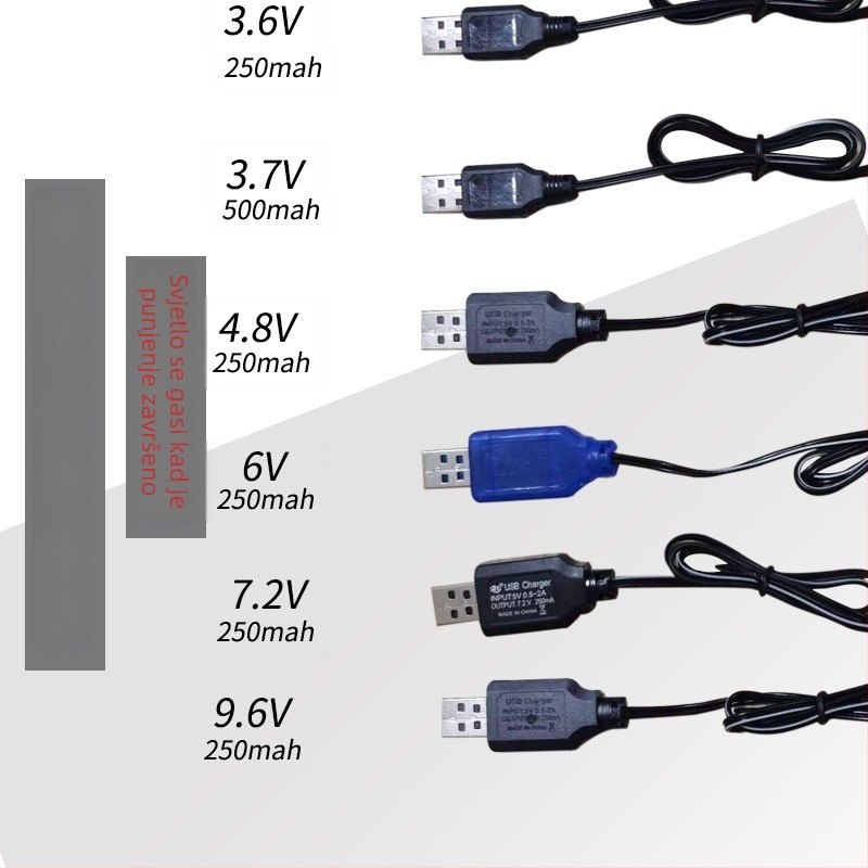 Kabel za punjenje baterije za igrače na daljinski upravljač, USB SM konektor, ulaz 5V, izlazi 3.6V, 4.8V, 6V, 7.2V, 9.6V, CE certificirano