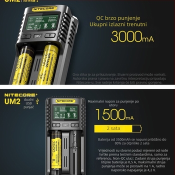 NITECORE UM2 inteligentni USB punjač s LCD zaslonom, dvostruki utor, ulaz 100-240V, izlaz 4.2V, CE certifikat