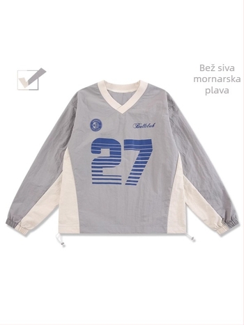 Korejskog stila pleteni T-shirt s patchwork šavom i motivom slova, V-izrez, dugi rukavi, muški sportsko-udobni top