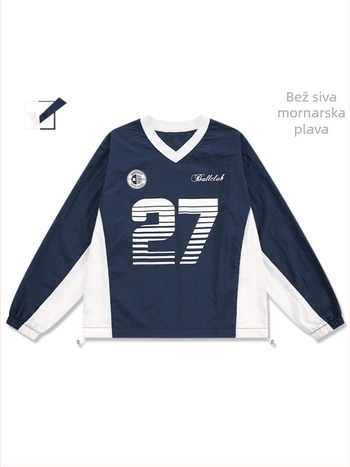 Korejskog stila pleteni T-shirt s patchwork šavom i motivom slova, V-izrez, dugi rukavi, muški sportsko-udobni top