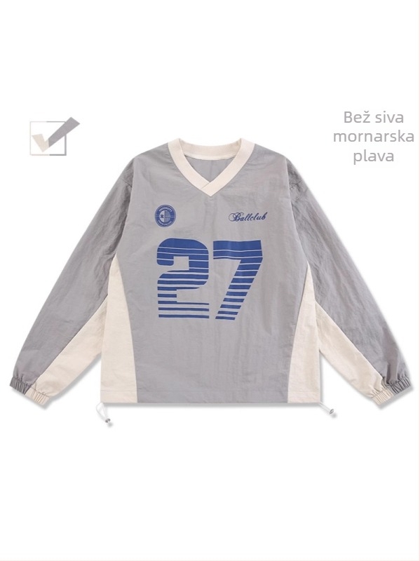 Korejskog stila pleteni T-shirt s patchwork šavom i motivom slova, V-izrez, dugi rukavi, muški sportsko-udobni top