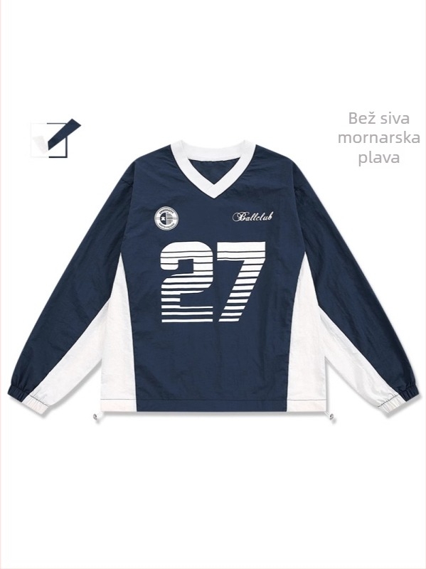 Korejskog stila pleteni T-shirt s patchwork šavom i motivom slova, V-izrez, dugi rukavi, muški sportsko-udobni top