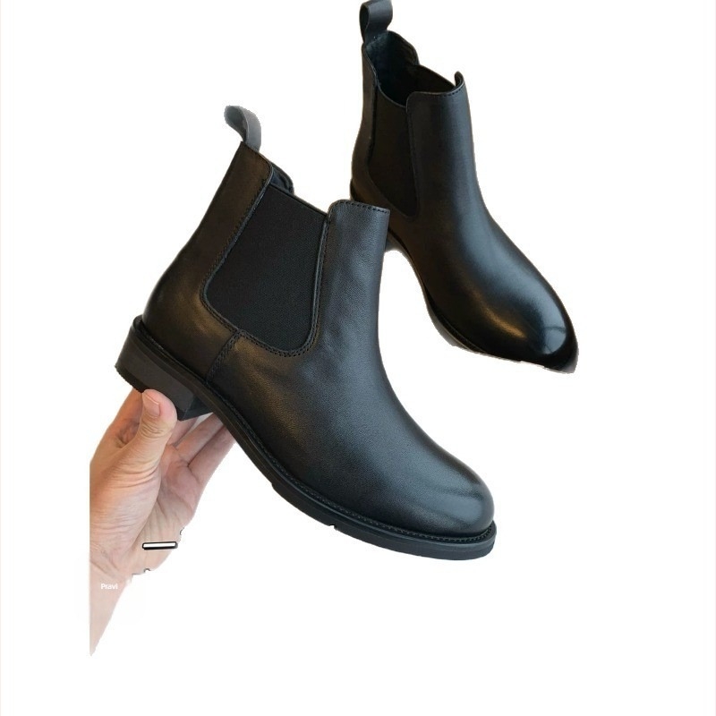 Chelsea čizme od teleće kože s gumom potplatom, niski gležanj, okrugli vrh, Slip-on, srednja visina potpetice 3-5 cm