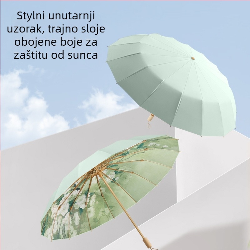 Yaxuan kišobran s 16 rebara, trodijelni, drvena drška, ručno otvaranje, UPF>50, tkanina 210T.
