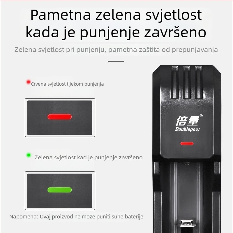 Punjač za 18650 litijske baterije s jednim utorom, inteligentno brzo punjenje, integrirani mali ventilator i LED svjetlo — ulaz 5V, izlaz DC3.7V2A, struja punjenja 500mA, serija UK03, CCC certifikat