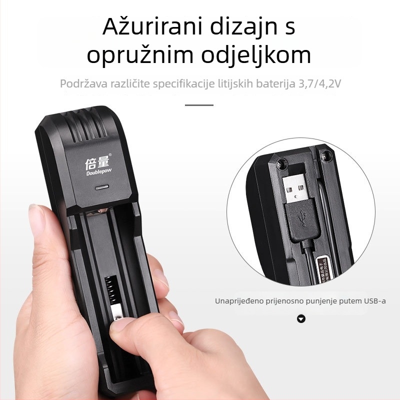 Punjač za 18650 litijske baterije s jednim utorom, inteligentno brzo punjenje, integrirani mali ventilator i LED svjetlo — ulaz 5V, izlaz DC3.7V2A, struja punjenja 500mA, serija UK03, CCC certifikat