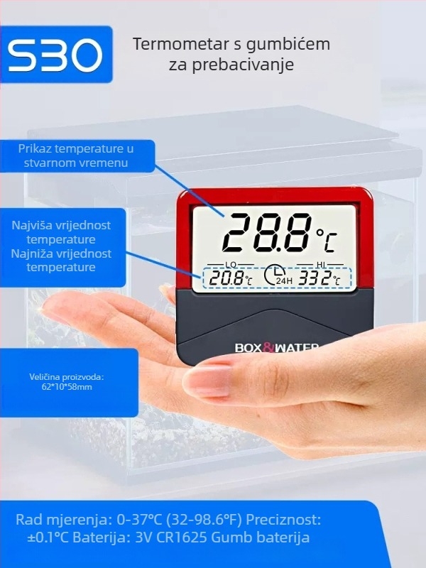 Termometar za akvarij s visokopreciznim zaslonom, elektronički mjerač temperature vode za akvarij