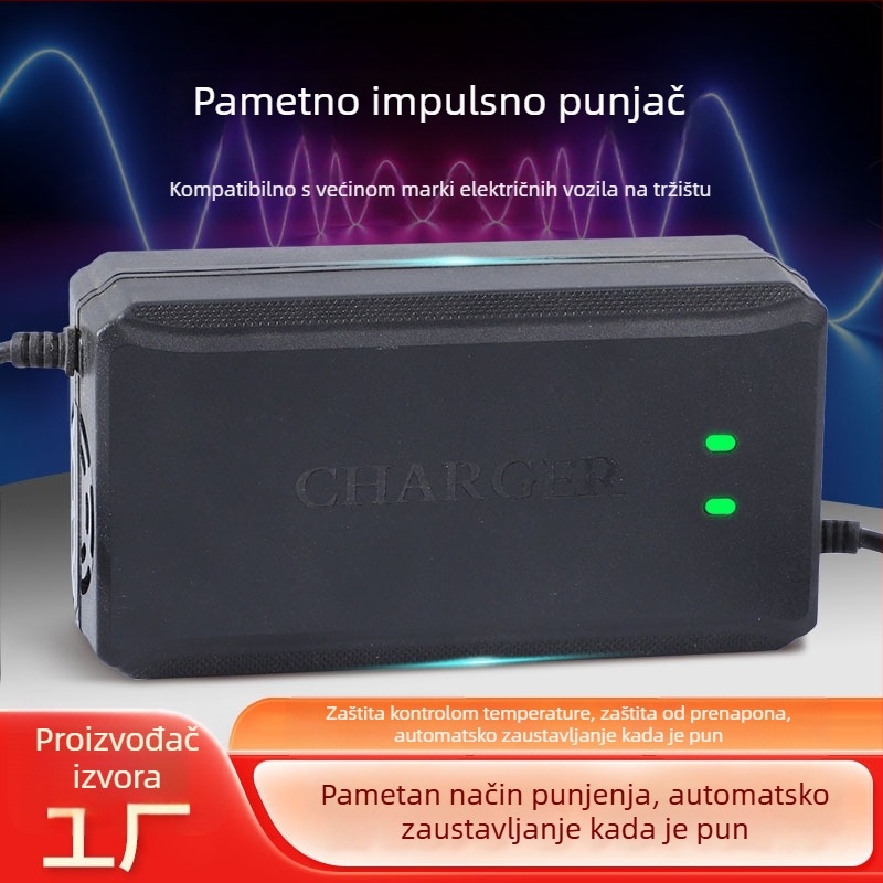 Punjač za električno vozilo Yoshikawa, ulaz AC 100-240V, izlaz 58.8V/73V/88.8V, CE potvrda, kompatibilan s olovno-kiselinskim baterijama.