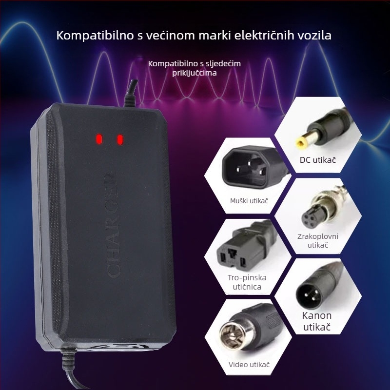 Punjač za električno vozilo Yoshikawa, ulaz AC 100-240V, izlaz 58.8V/73V/88.8V, CE potvrda, kompatibilan s olovno-kiselinskim baterijama.