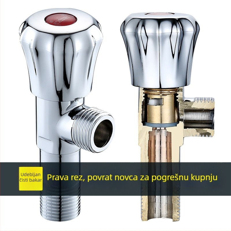 Latunski kutni ventil za toplu i hladnu vodu, troputni s jednim ulazom i dva izlaza, model 6001, radni tlak 1.0–10 MPa, unutarnji promjer 10 mm, ugradnja u zid
